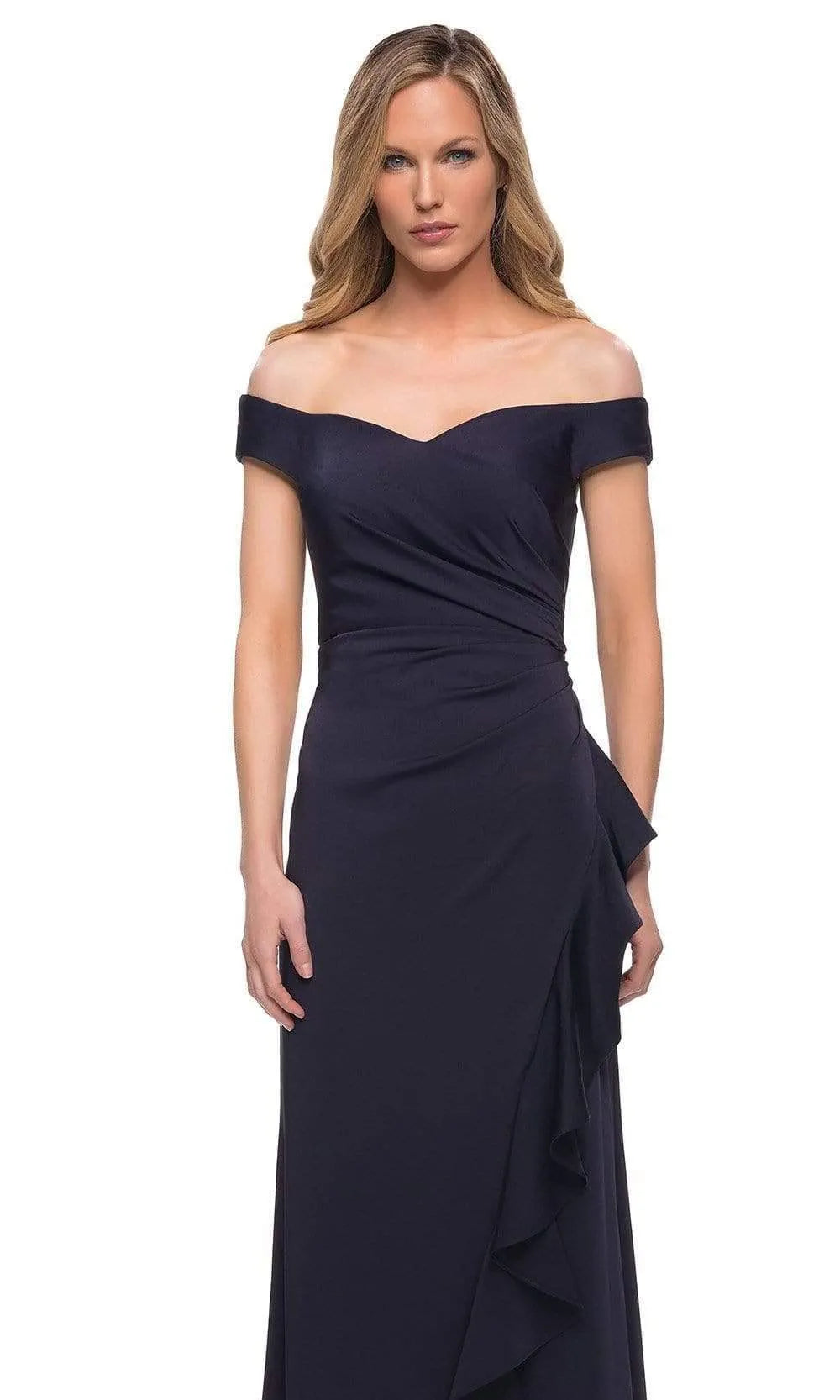 Navy Blue Off - Shoulder Evening Dress with Asymmetric Ruffle Detail and Draped Bodice