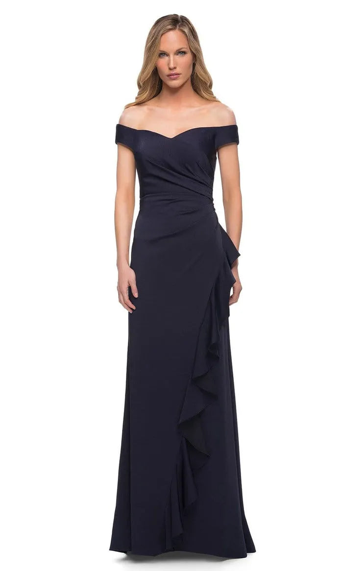 Navy Blue Off - Shoulder Evening Dress with Asymmetric Ruffle Detail and Draped Bodice