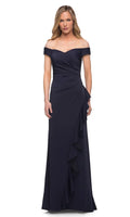 Navy Blue Off - Shoulder Evening Dress with Asymmetric Ruffle Detail and Draped Bodice
