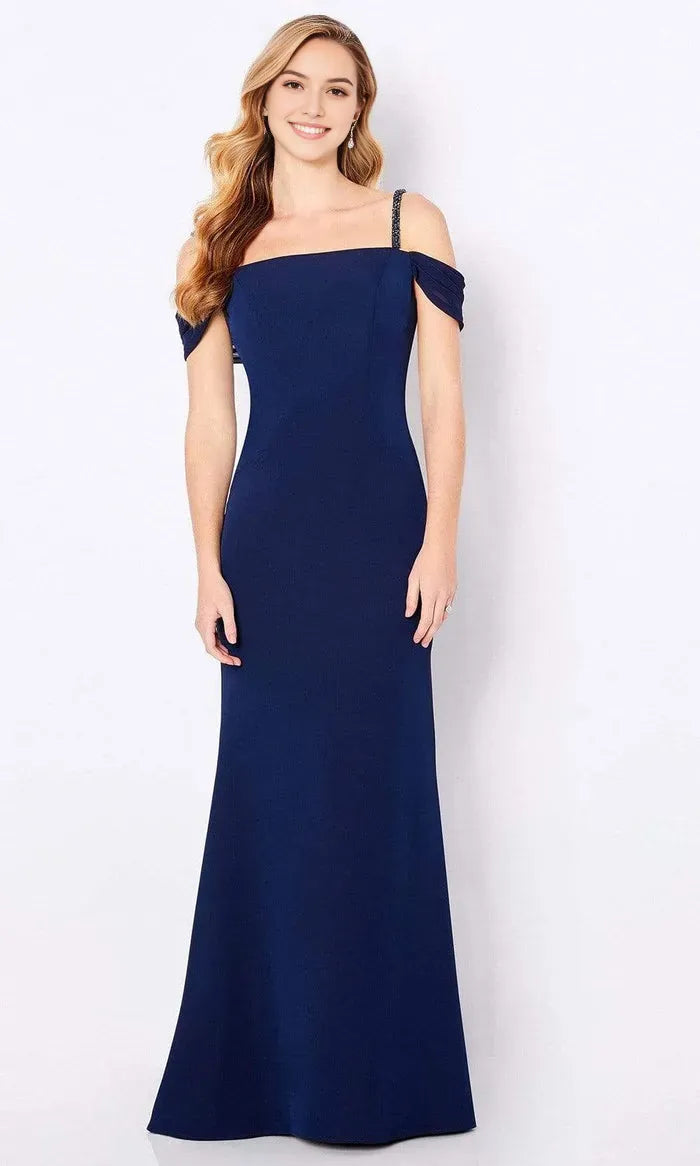 Navy Blue Off Shoulder Evening Gown with Strap and Mermaid Silhouette