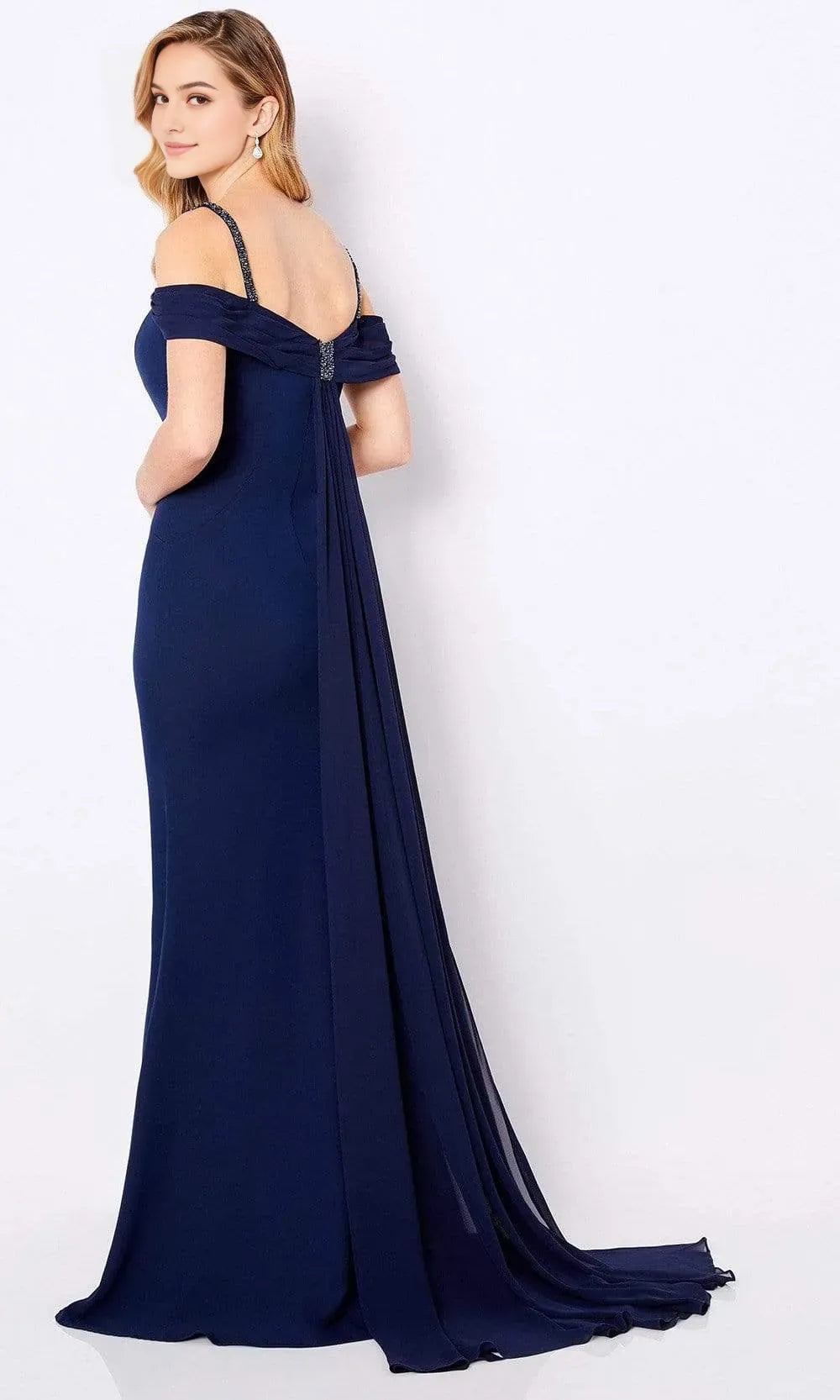 Navy Blue Off Shoulder Evening Gown with Strap and Mermaid Silhouette
