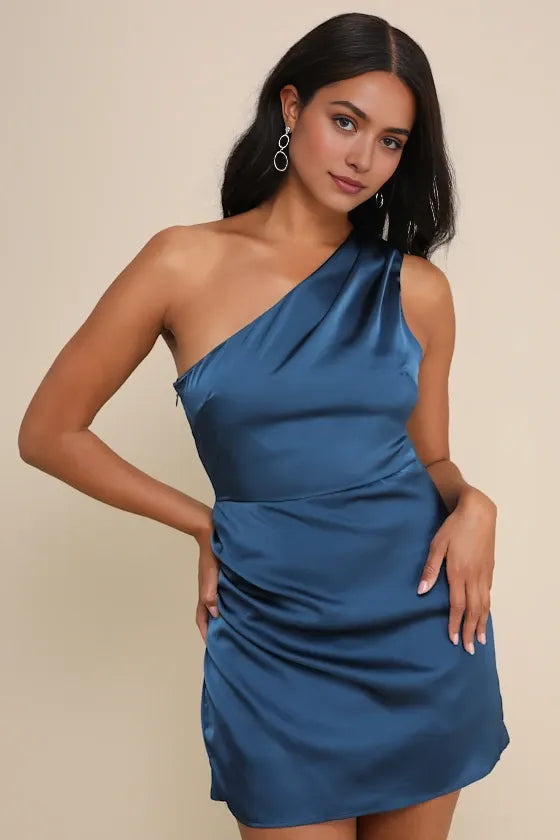 Navy Blue One - Shoulder Ruched Homecoming Dress Crafted from Luxe FabricIdeal for Sophisticated Teen Styles at School Dances Memorable Formal Occasions
