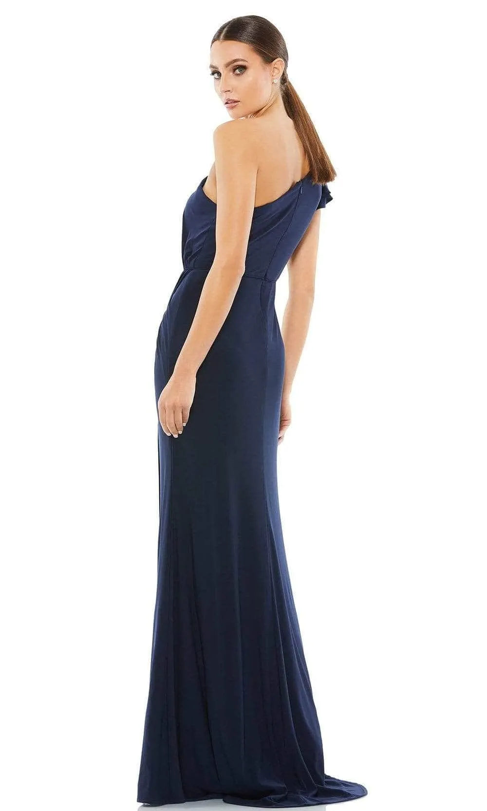 Navy Blue One Shoulder Evening Gown with Draped Bodice Asymmetric Ruching and High Thigh Slit