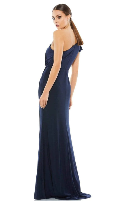 Elegant Navy-Blue Slit A-Line One-Shoulder Classic-Sleeve Classic-Back Floor-Length Evening Dress