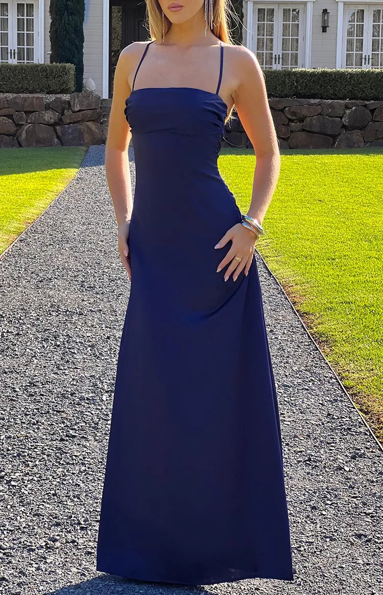Navy Blue Prom Dress Spaghetti Straps Strapless Inspired Neckline Floor Length Silhouette for a Sophisticated Glam Look
