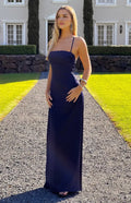 Navy Blue Prom Dress Spaghetti Straps Strapless Inspired Neckline Floor Length Silhouette for a Sophisticated Glam Look