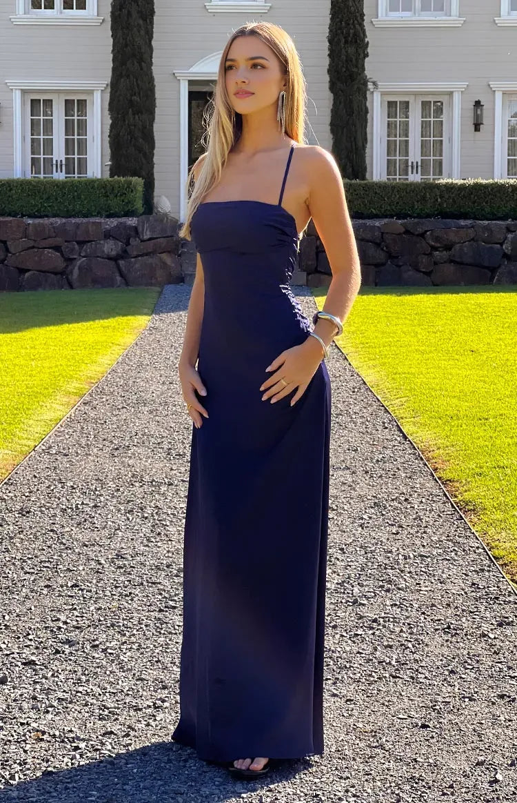 Navy Blue Prom Dress Spaghetti Straps Strapless Inspired Neckline Floor Length Silhouette for a Sophisticated Glam Look