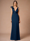 Navy Blue Prom Dress with Deep V - Neckline and Asymmetric Bow Detail for Formal Occasions