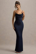 Navy Blue Cowl Neck Mermaid Gown with Thin Spaghetti Straps Perfect for Formal Proms Black Tie Galas and Sophisticated Evening Events