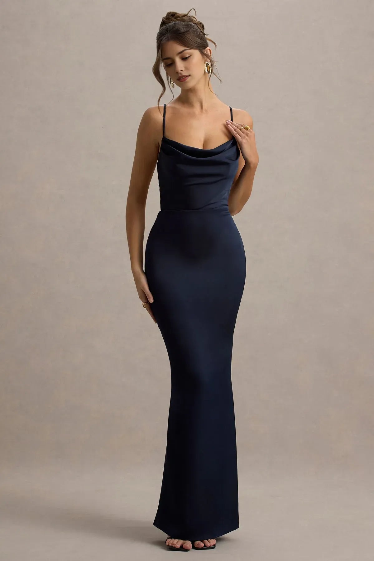 Navy Blue Cowl Neck Mermaid Gown with Thin Spaghetti Straps Perfect for Formal Proms Black Tie Galas and Sophisticated Evening Events