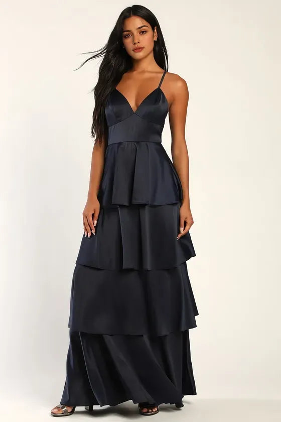 Navy Blue Evening Dresses with Spaghetti Straps, Plunging V - Neck and Tiered Peplum Skirt for Sophisticated Black