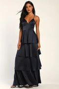 Navy Blue Evening Dresses with Spaghetti Straps, Plunging V - Neck and Tiered Peplum Skirt for Sophisticated Black