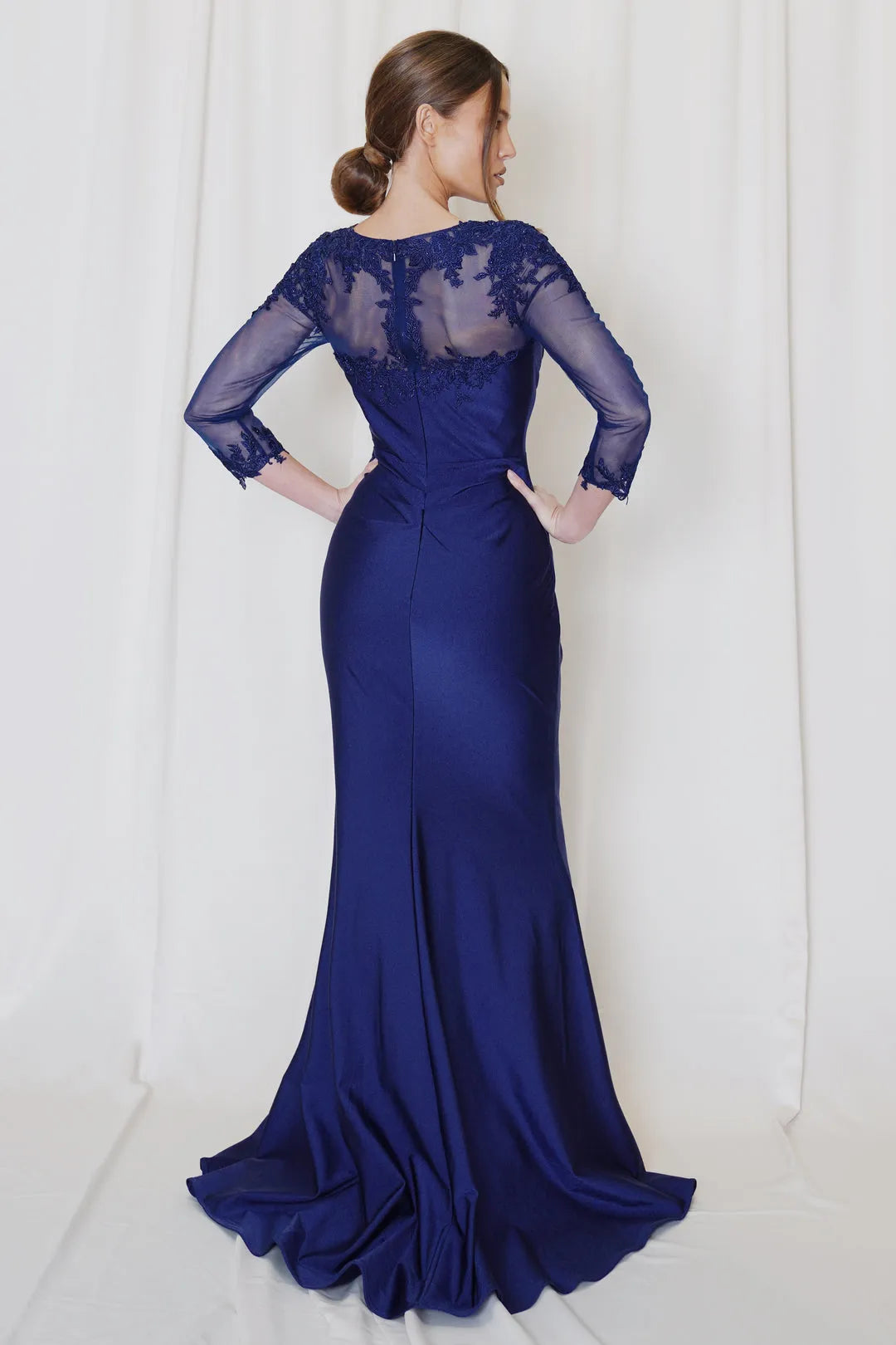 Navy Blue Mermaid Prom Dress with Sheer Neckline and 3/4 Sleeves for Formal Occasions