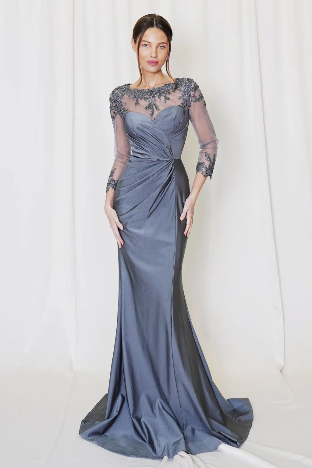 Navy Blue Mermaid Prom Dress with Sheer Neckline and 3/4 Sleeves for Formal Occasions