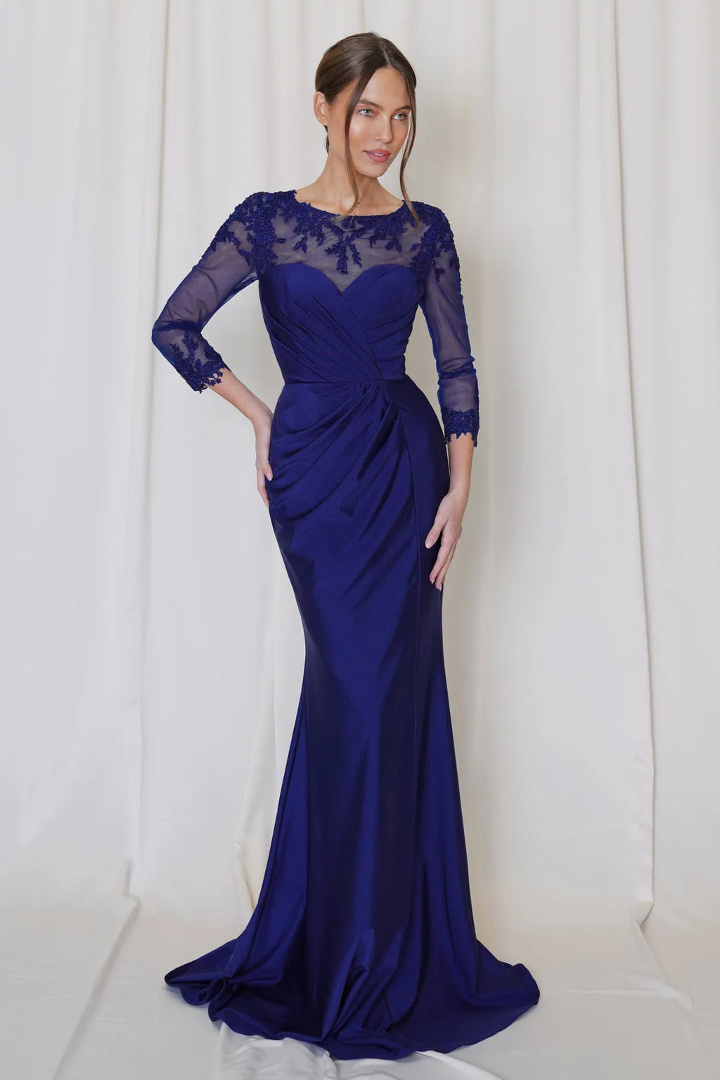 Navy Blue Mermaid Prom Dress with Sheer Neckline and 3/4 Sleeves for Formal Occasions