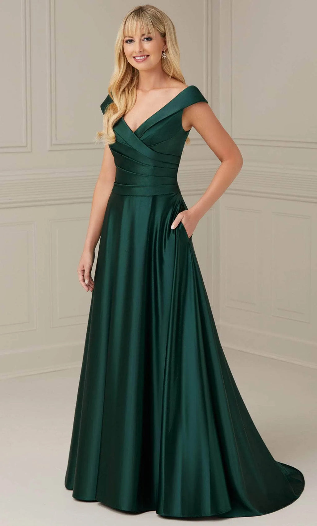 Navy Blue Off Shoulder Evening Dresses with Cross Front Bodice and Flowing A - Line Skirt Perfect