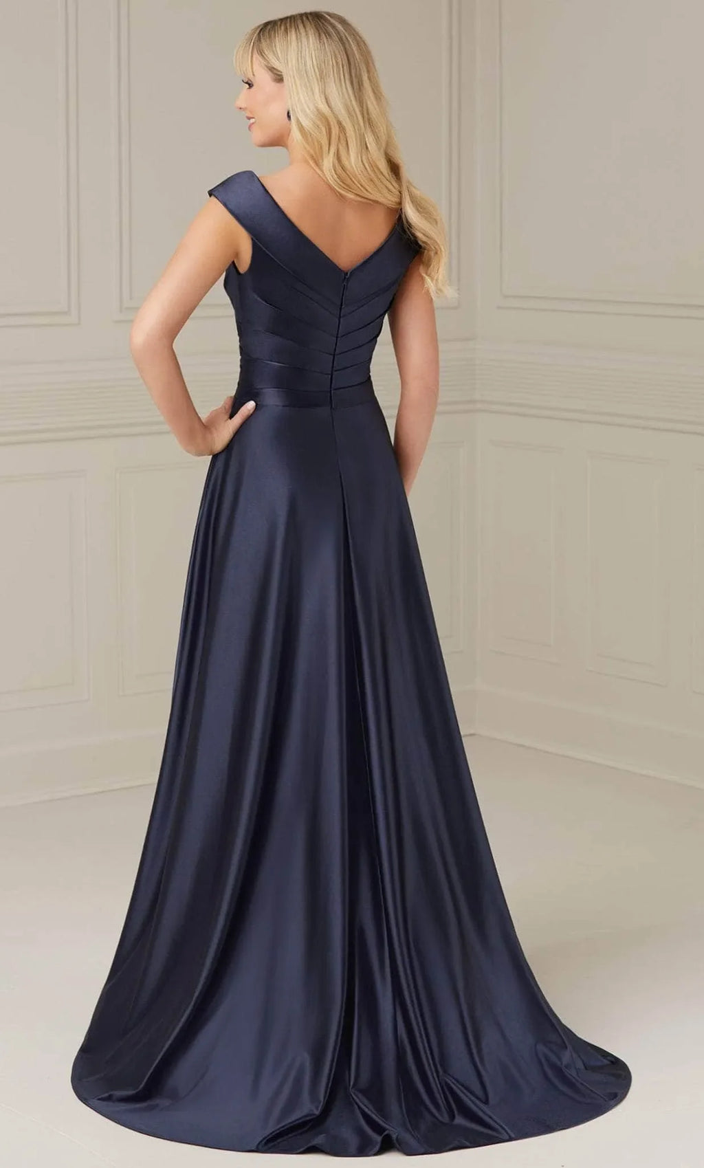Navy Blue Off Shoulder Evening Dresses with Cross Front Bodice and Flowing A - Line Skirt Perfect