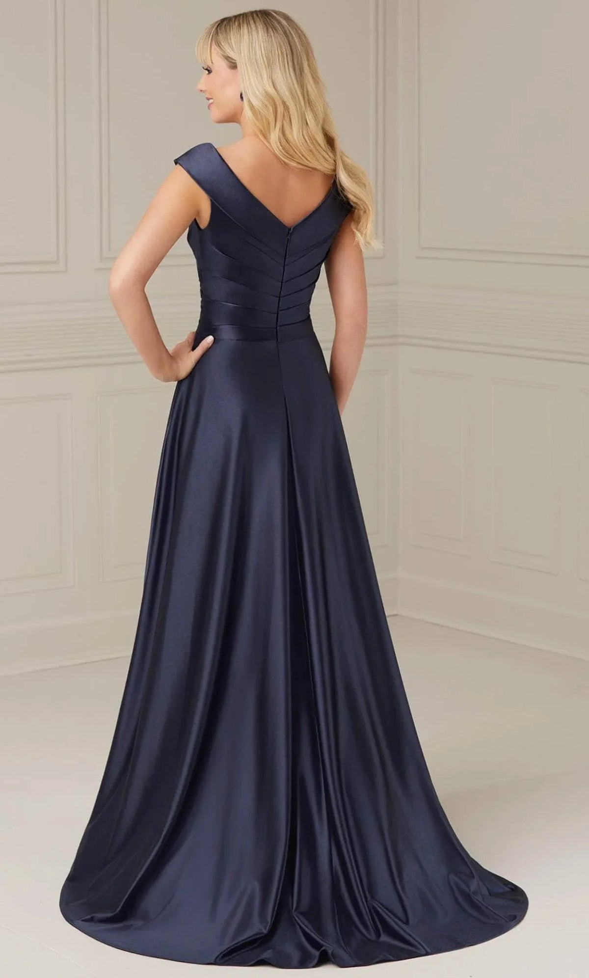 Navy Blue Off Shoulder Evening Dresses with Cross Front Bodice and Flowing A - Line Skirt Perfect