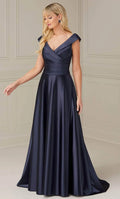 Navy Blue Off Shoulder Evening Dresses with Cross Front Bodice and Flowing A - Line Skirt Perfect