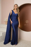 Navy Blue One - Shoulder Prom Dress with Draped Cape Sleeve and Mermaid Silhouette for Formal Galas