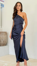 Navy Blue Prom Dress One - Shoulder Draped Sash High Side Slit for a Sophisticated Alluring Look