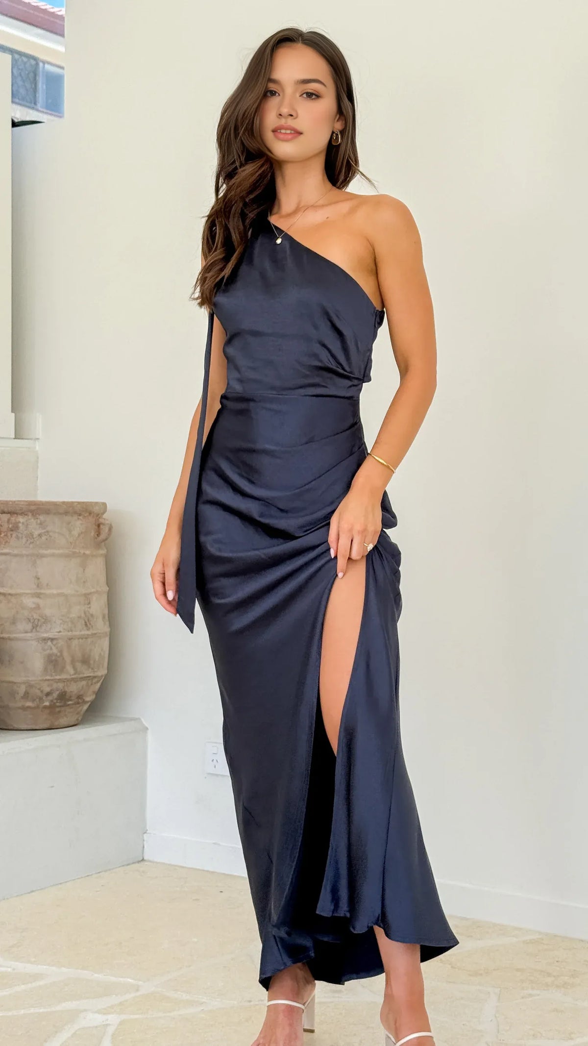 Navy Blue Prom Dress One - Shoulder Draped Sash High Side Slit for a Sophisticated Alluring Look