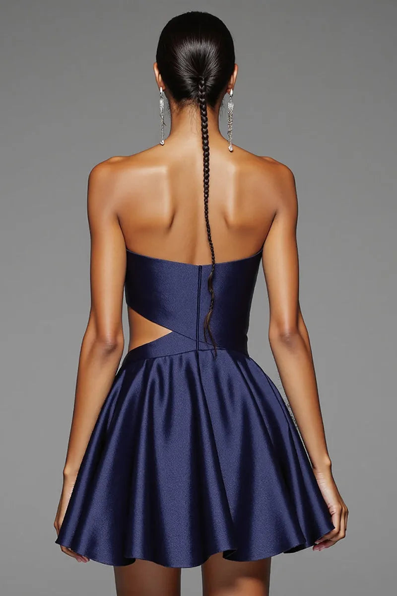 Navy Blue Strapless Homecoming Dress with Bow Detail and Cut - Out