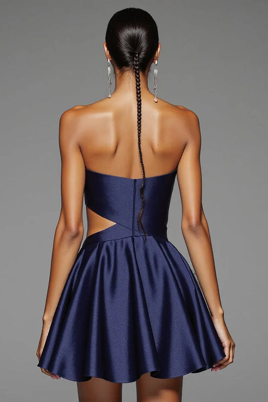 Luxurious Navy-Blue A-Line Strapless Classic-Sleeve Classic-Back Floor-Length Homecoming Dress