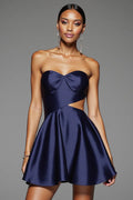 Navy Blue Strapless Homecoming Dress with Bow Detail and Cut - Out