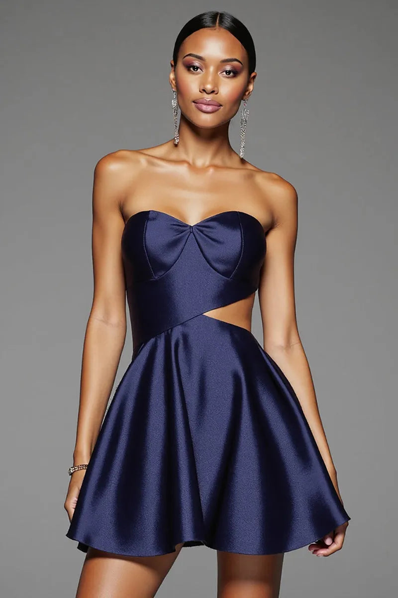 Navy Blue Strapless Homecoming Dress with Bow Detail and Cut - Out