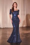 Navy Blue Mermaid Gown with Sheer Neckline Perfect for Prom Formal Balls