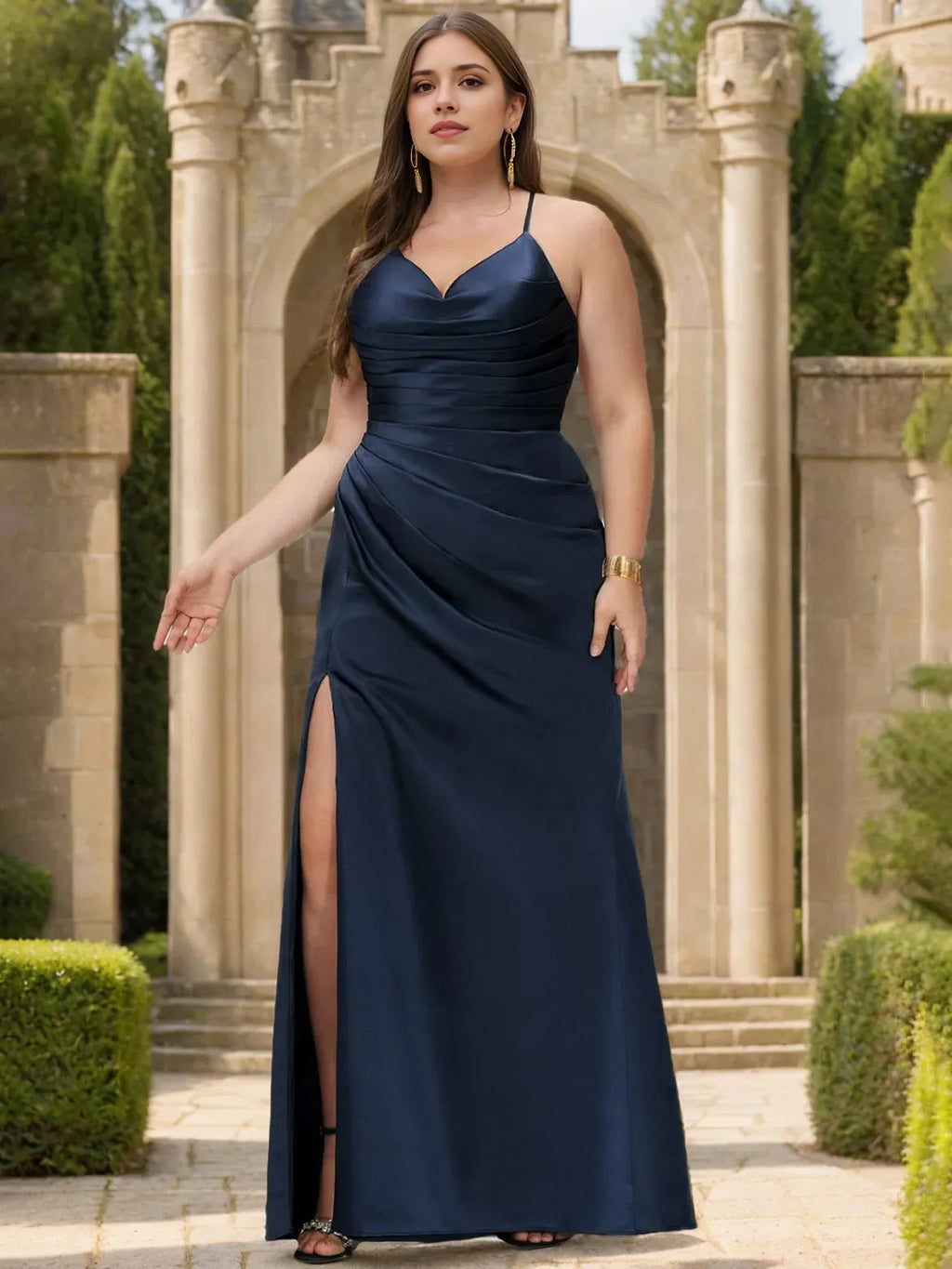 Navy Blue Sheath/Column V-Neck Sleeveless Back Zip Pleated Lace-Up Slit Floor-Length Plus Size Prom Dresses