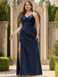 Navy Blue Sheath/Column V-Neck Sleeveless Back Zip Pleated Lace-Up Slit Floor-Length Plus Size Prom Dresses