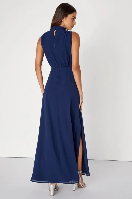 Navy Blue Sleeveless Long slit Evening Dresses with High Neckline Pleated Bodice