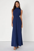 Navy Blue Sleeveless Long slit Evening Dresses with High Neckline Pleated Bodice