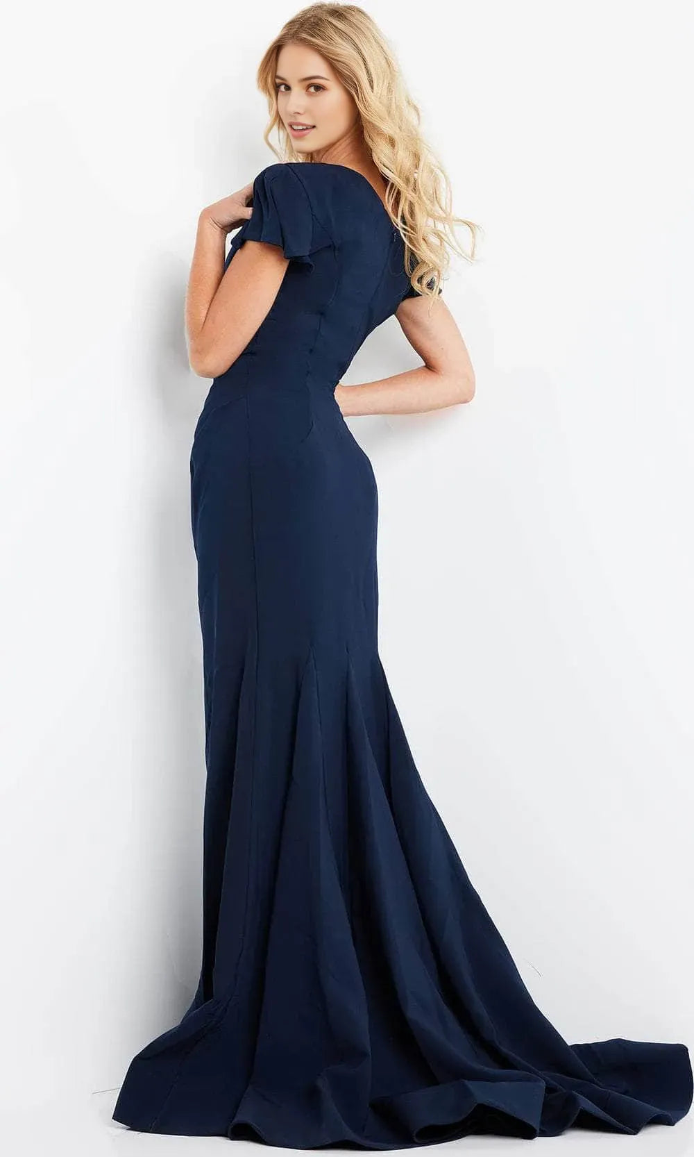 Navy Blue Square Neck Evening Dress with Puff Sleeves and Mermaid Silhouette