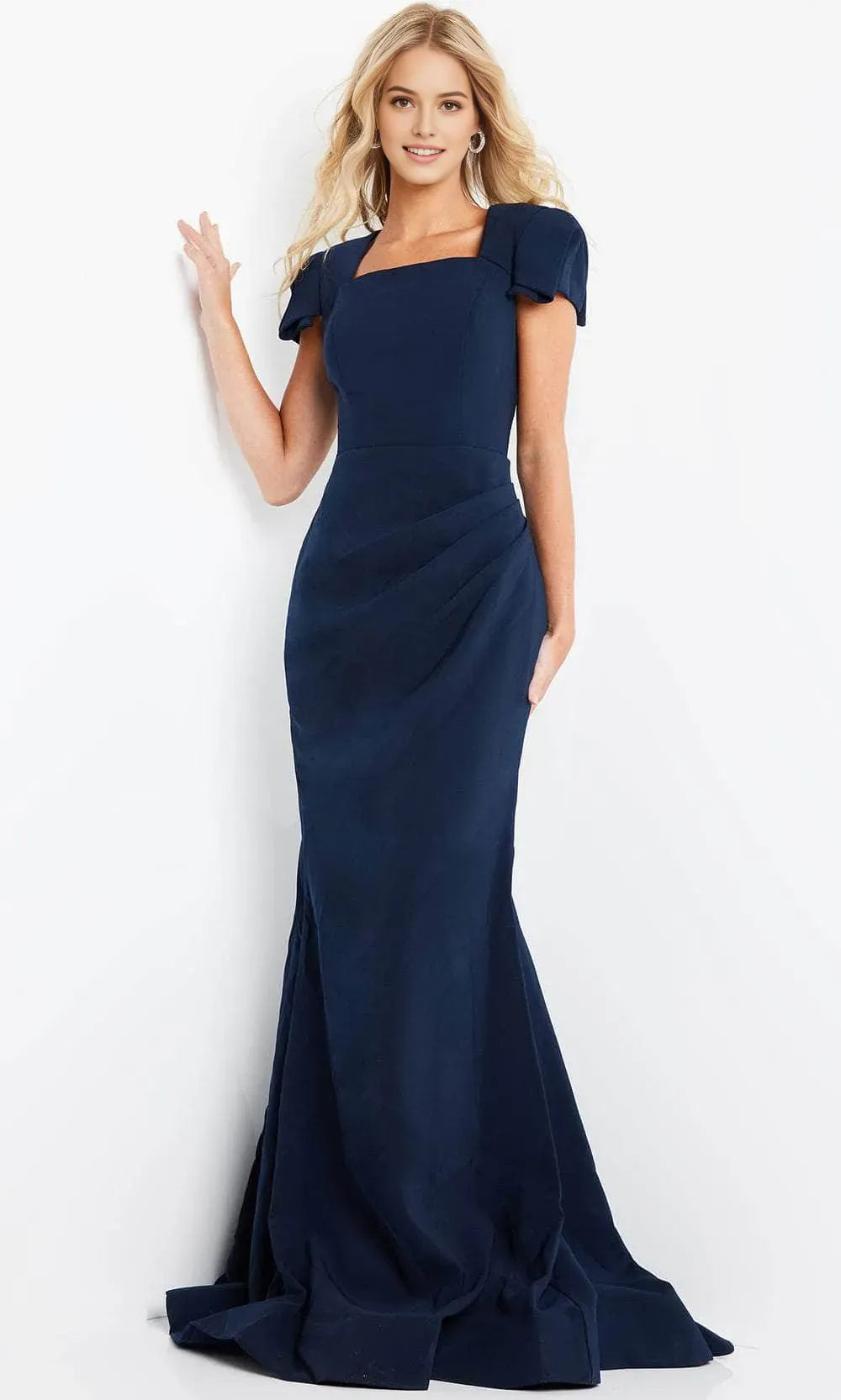 Navy Blue Square Neck Evening Dress with Puff Sleeves and Mermaid Silhouette