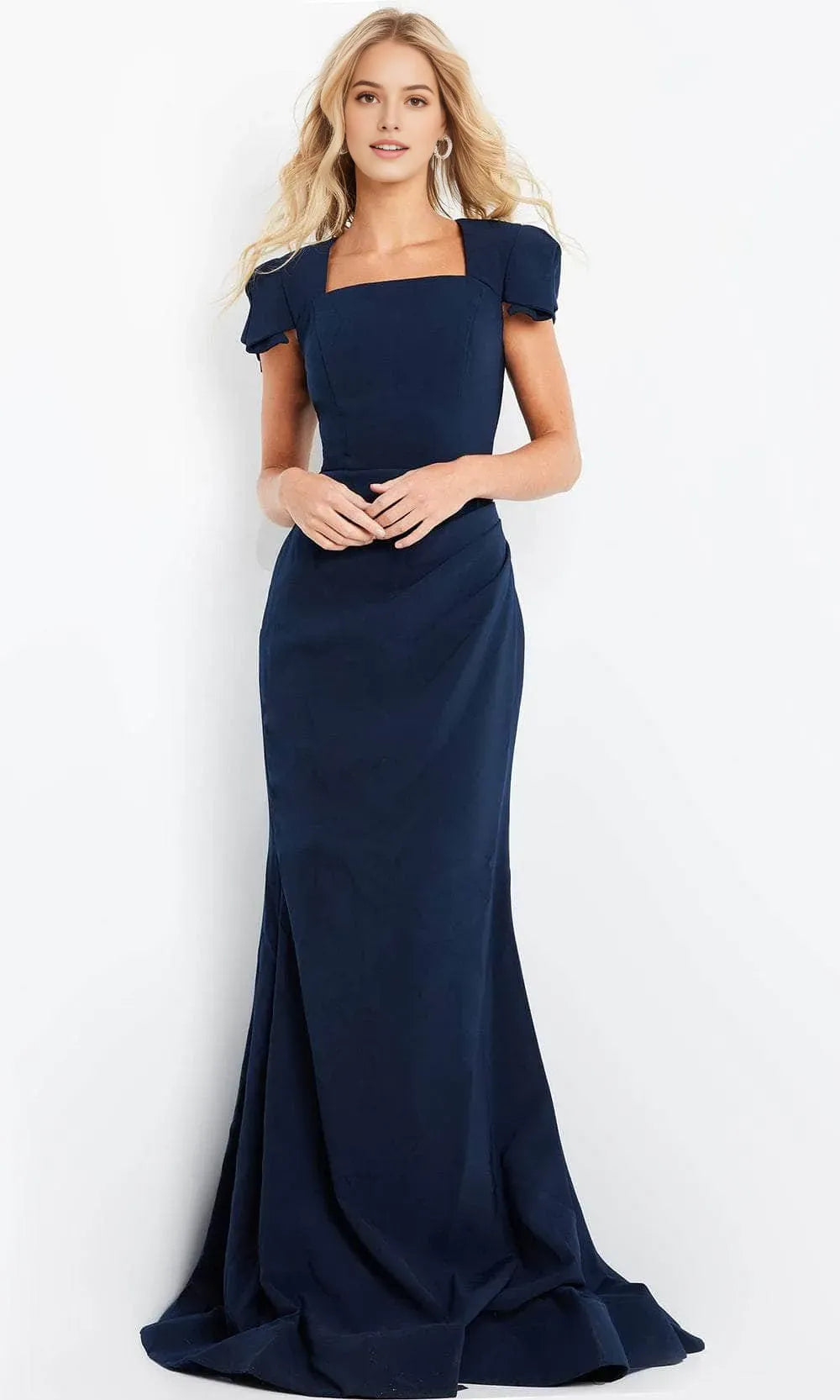 Navy Blue Square Neck Evening Dress with Puff Sleeves and Mermaid Silhouette