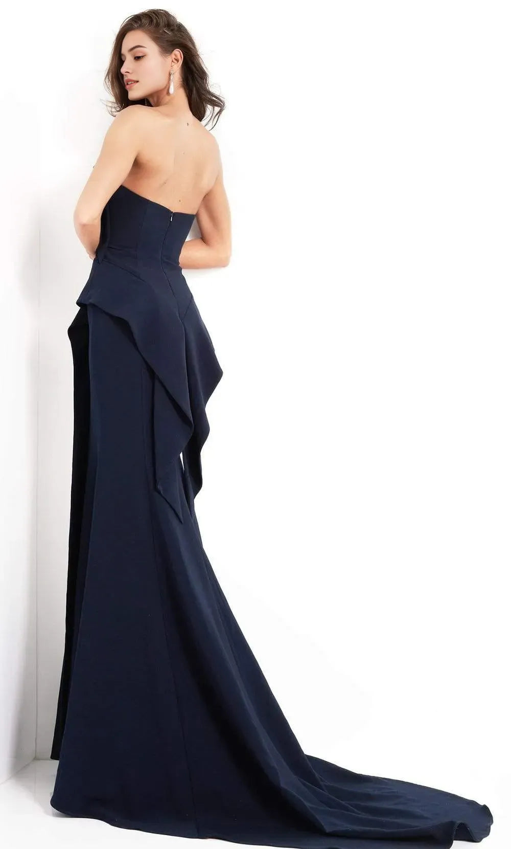 Navy Blue Strapless Evening Gown with Asymmetric Ruffle Details and Mermaid Silhouette