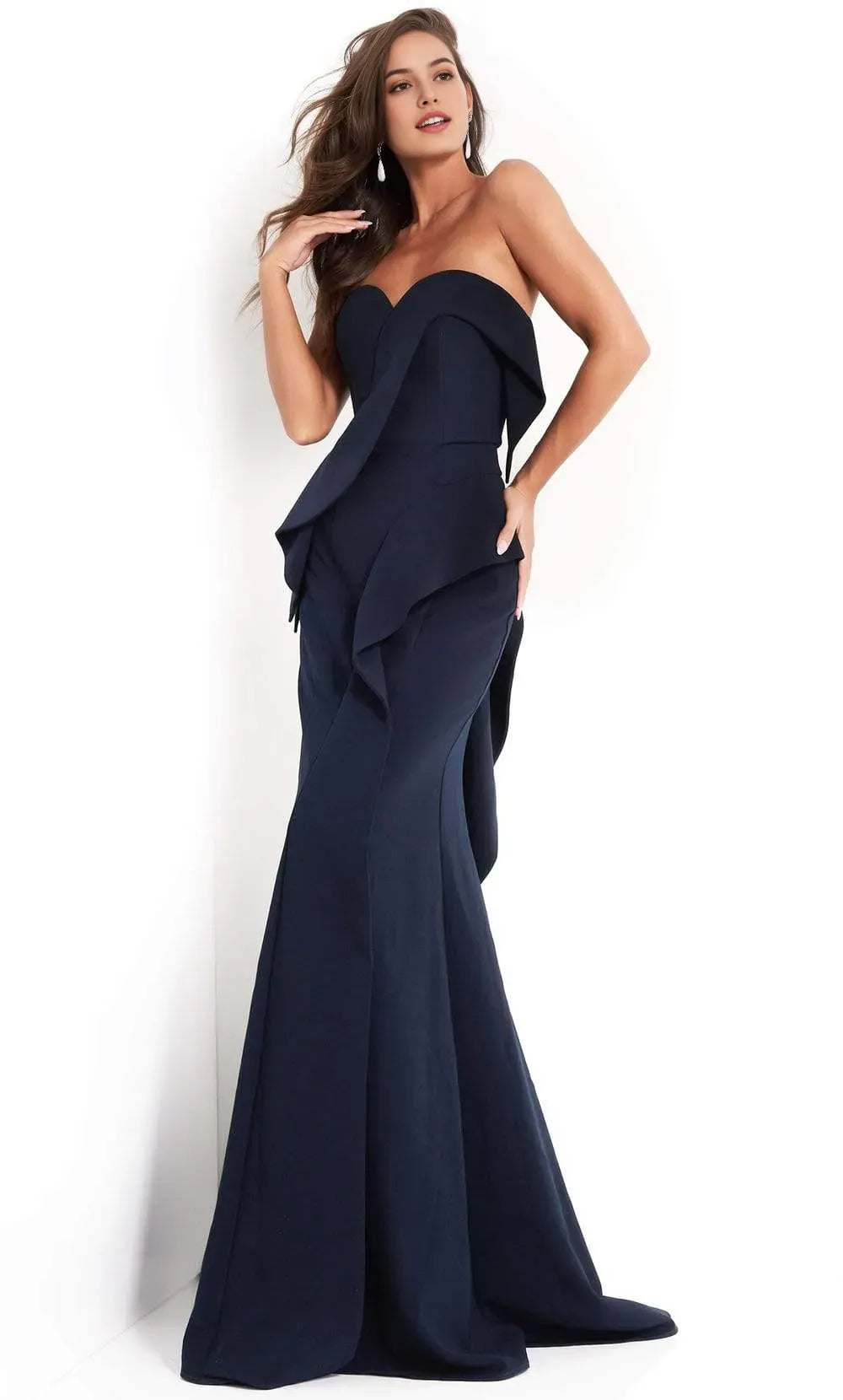 Navy Blue Strapless Evening Gown with Asymmetric Ruffle Details and Mermaid Silhouette