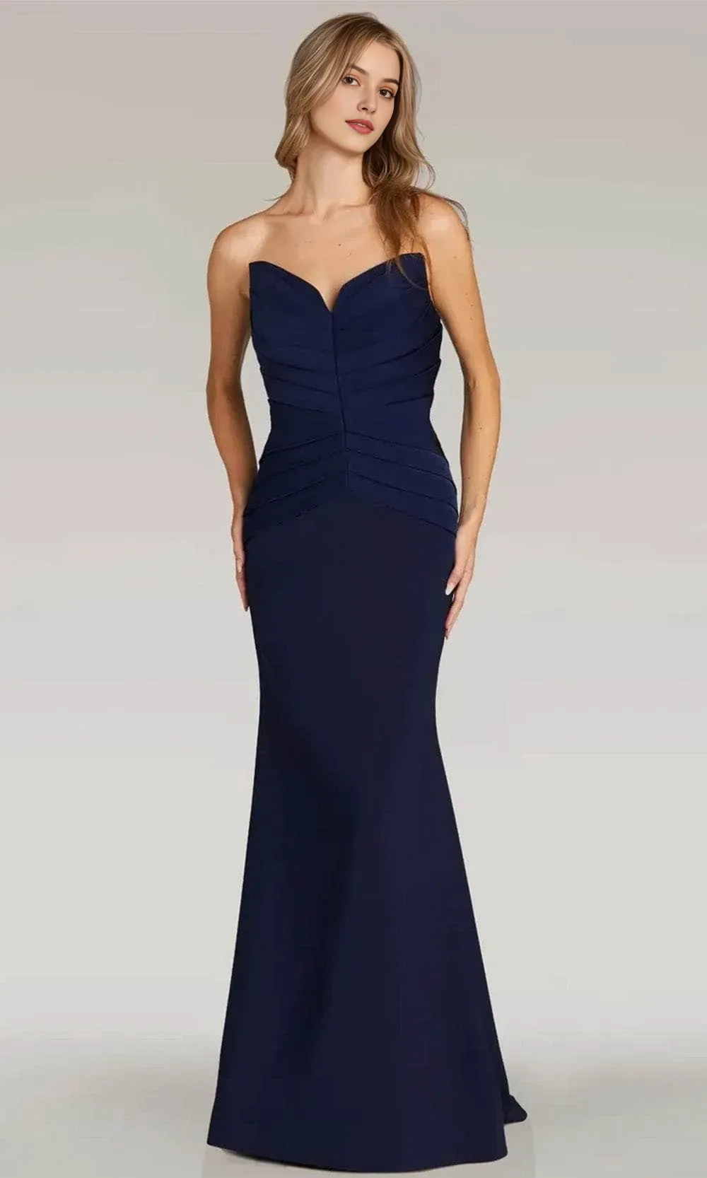 Navy Blue Strapless Mermaid Evening Dress with Pleated Bodice Detailing for Formal Occasions