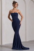 Navy Blue Strapless Mermaid Prom Dresses with Trumpet Train A Perfect Blend of Sophistication and Drama for Formal Occasions