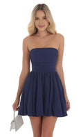 Navy Blue Strapless Mini Dress with Flared Skirt Perfect for Homecoming School Dances