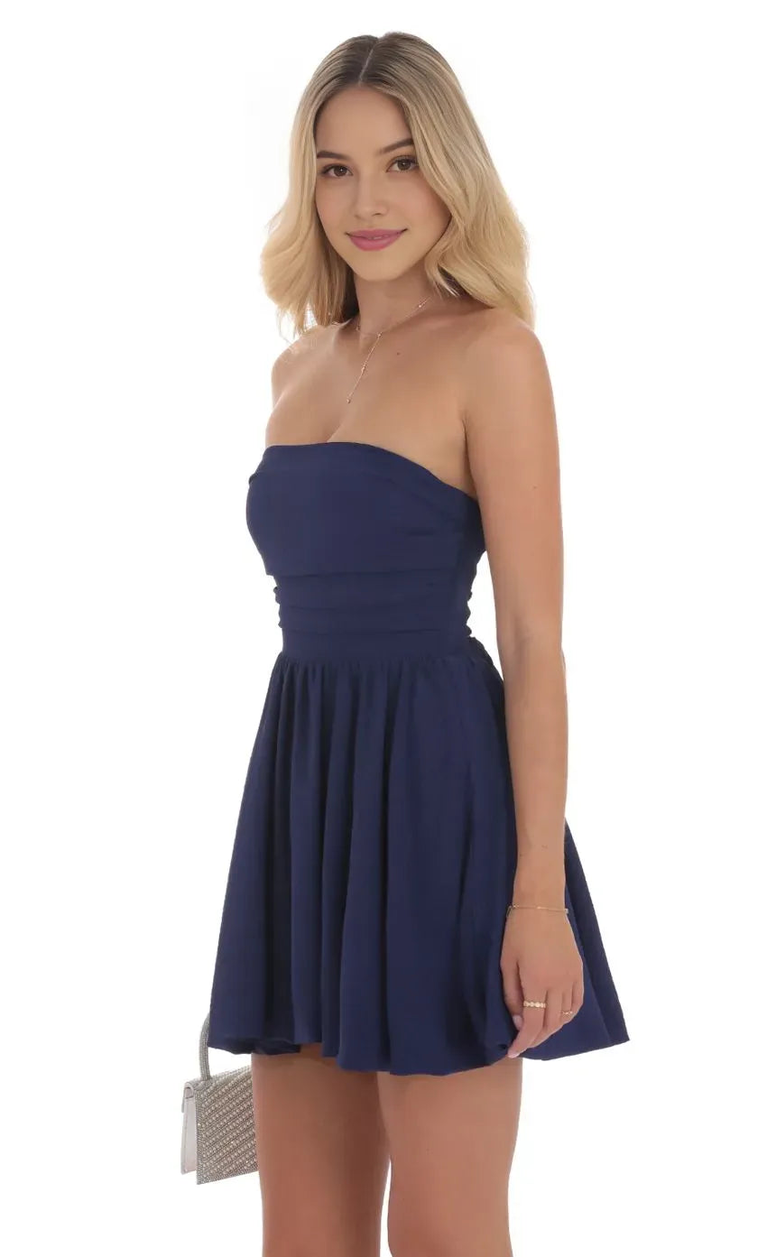 Navy Blue Strapless Mini Dress with Flared Skirt Perfect for Homecoming School Dances