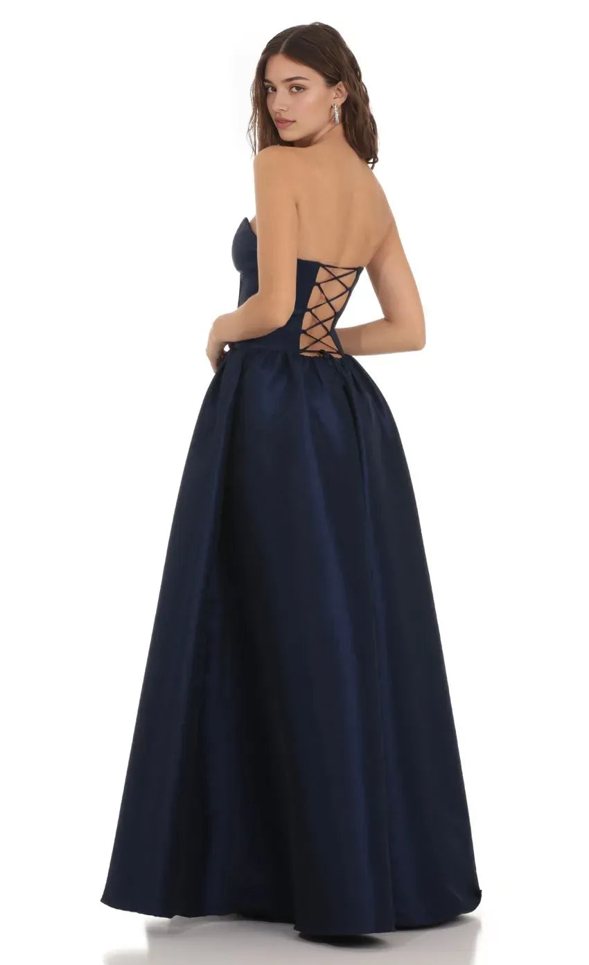 Navy Blue Strapless Prom Dress with Corset Bodice and Ball Gown Skirt Perfect for Formal Prom Nights