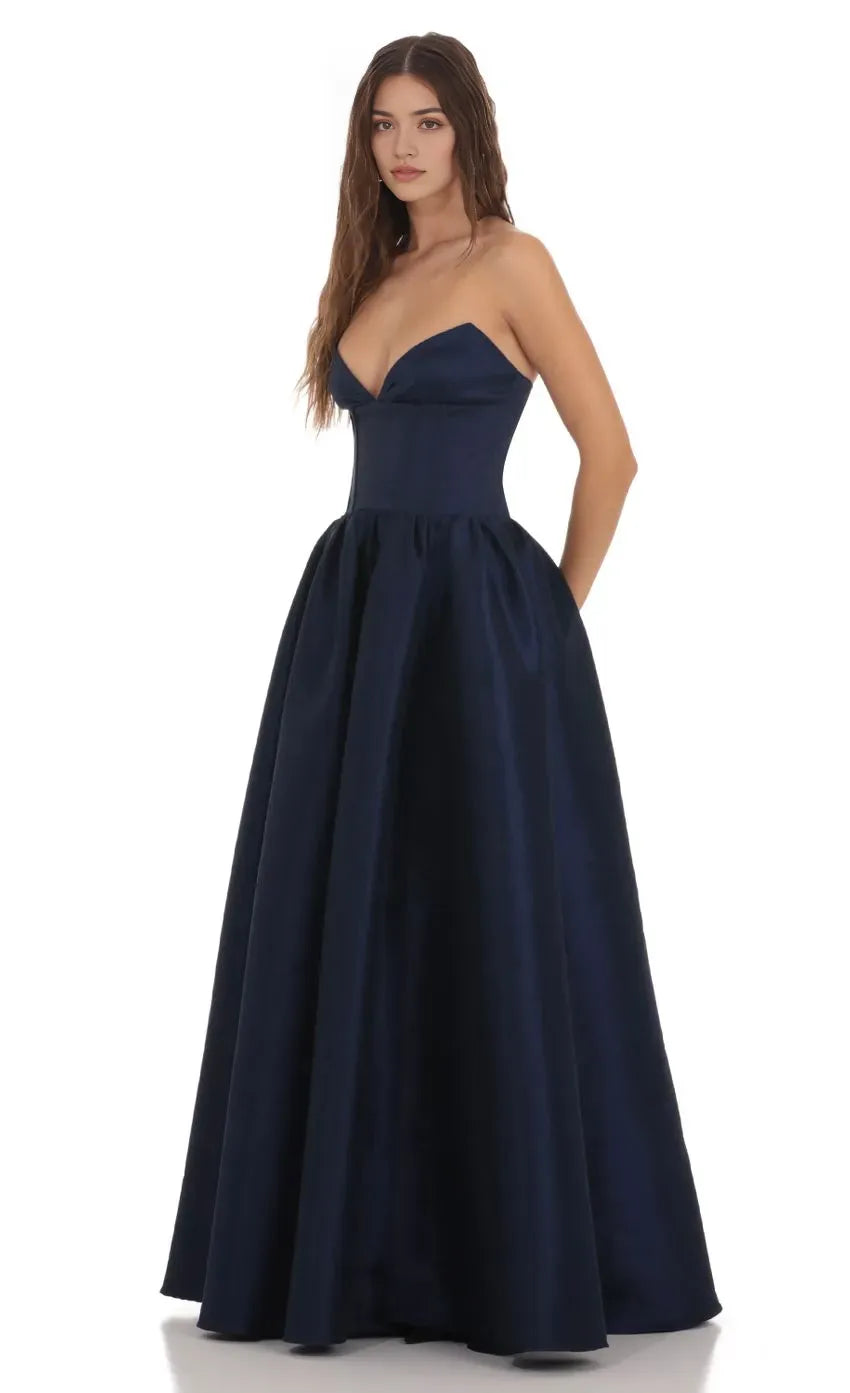 Navy Blue Strapless Prom Dress with Corset Bodice and Ball Gown Skirt Perfect for Formal Prom Nights