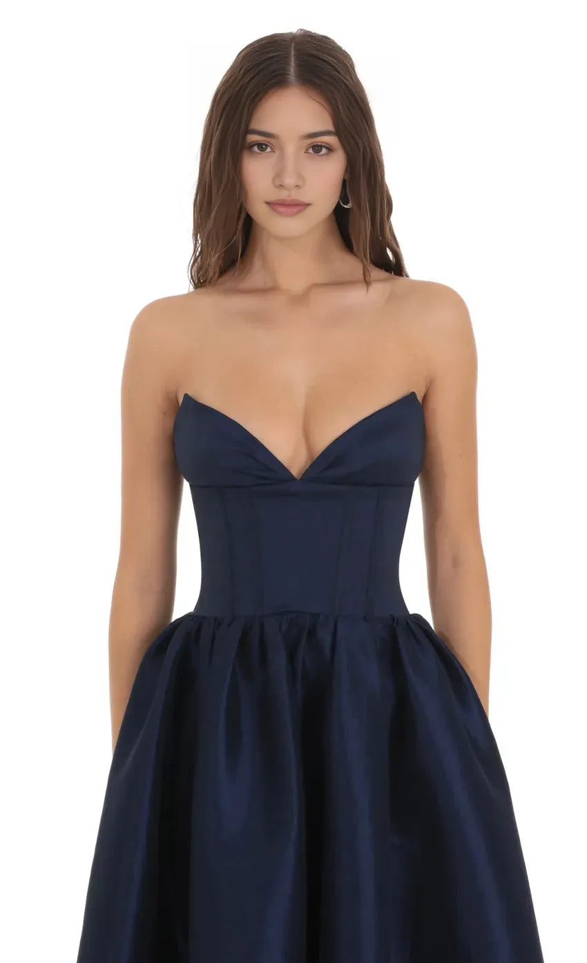 Navy Blue Strapless Prom Dress with Corset Bodice and Ball Gown Skirt Perfect for Formal Prom Nights