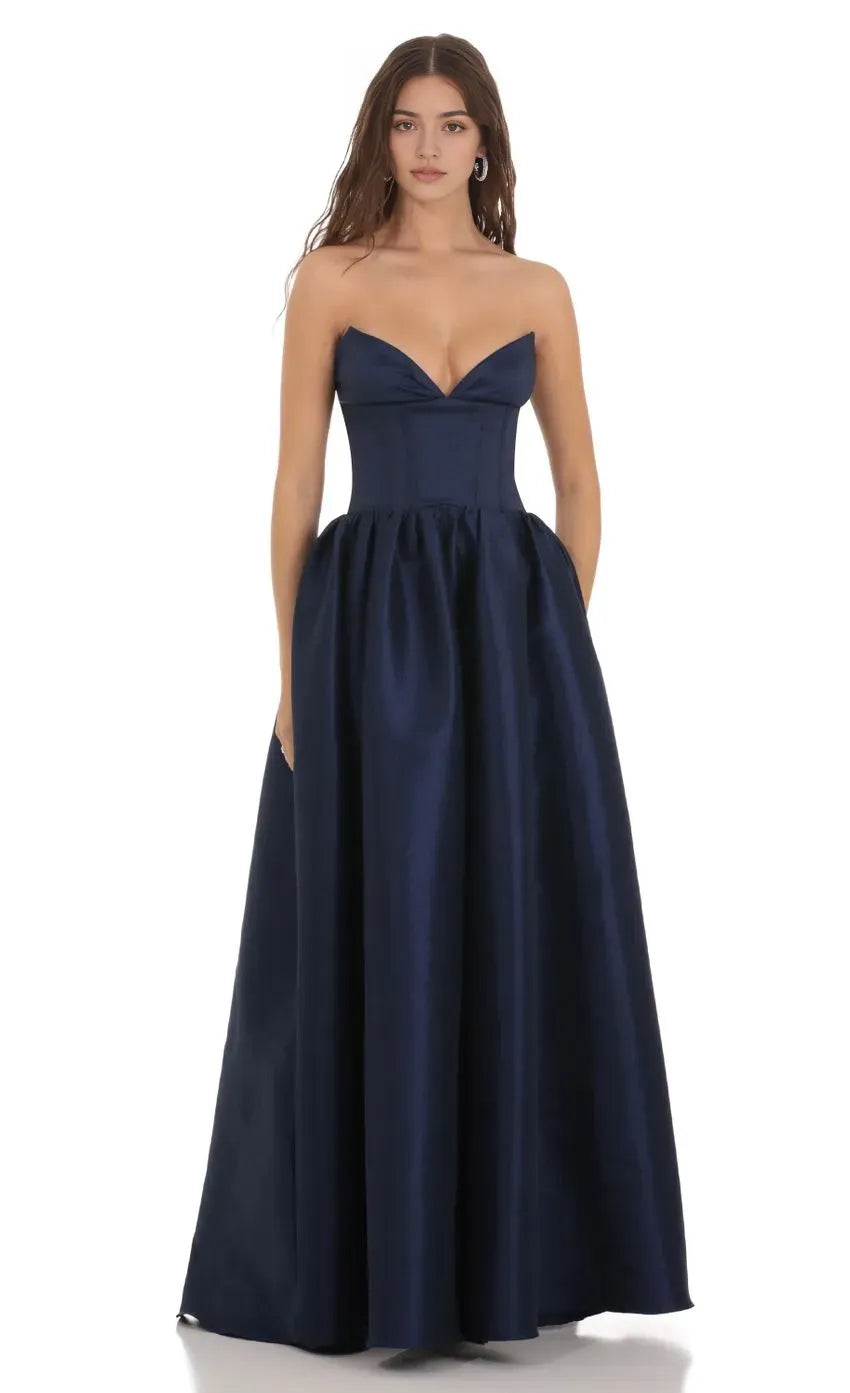 Navy Blue Strapless Prom Dress with Corset Bodice and Ball Gown Skirt Perfect for Formal Prom Nights