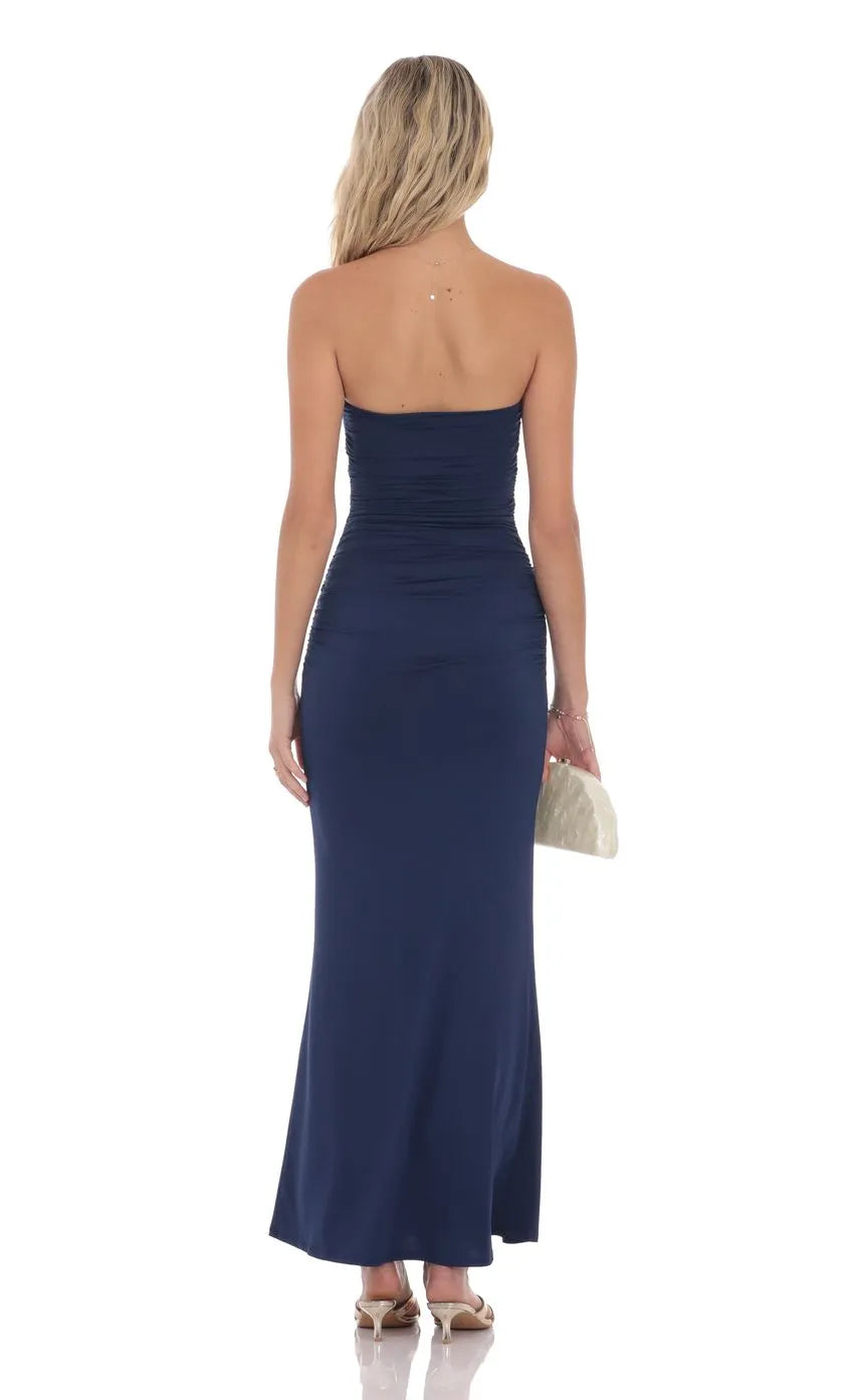 Navy Blue Strapless Prom Dress with Gold Ornament Ruched Bodice Floor Length Silhouette for Formal Evening Events