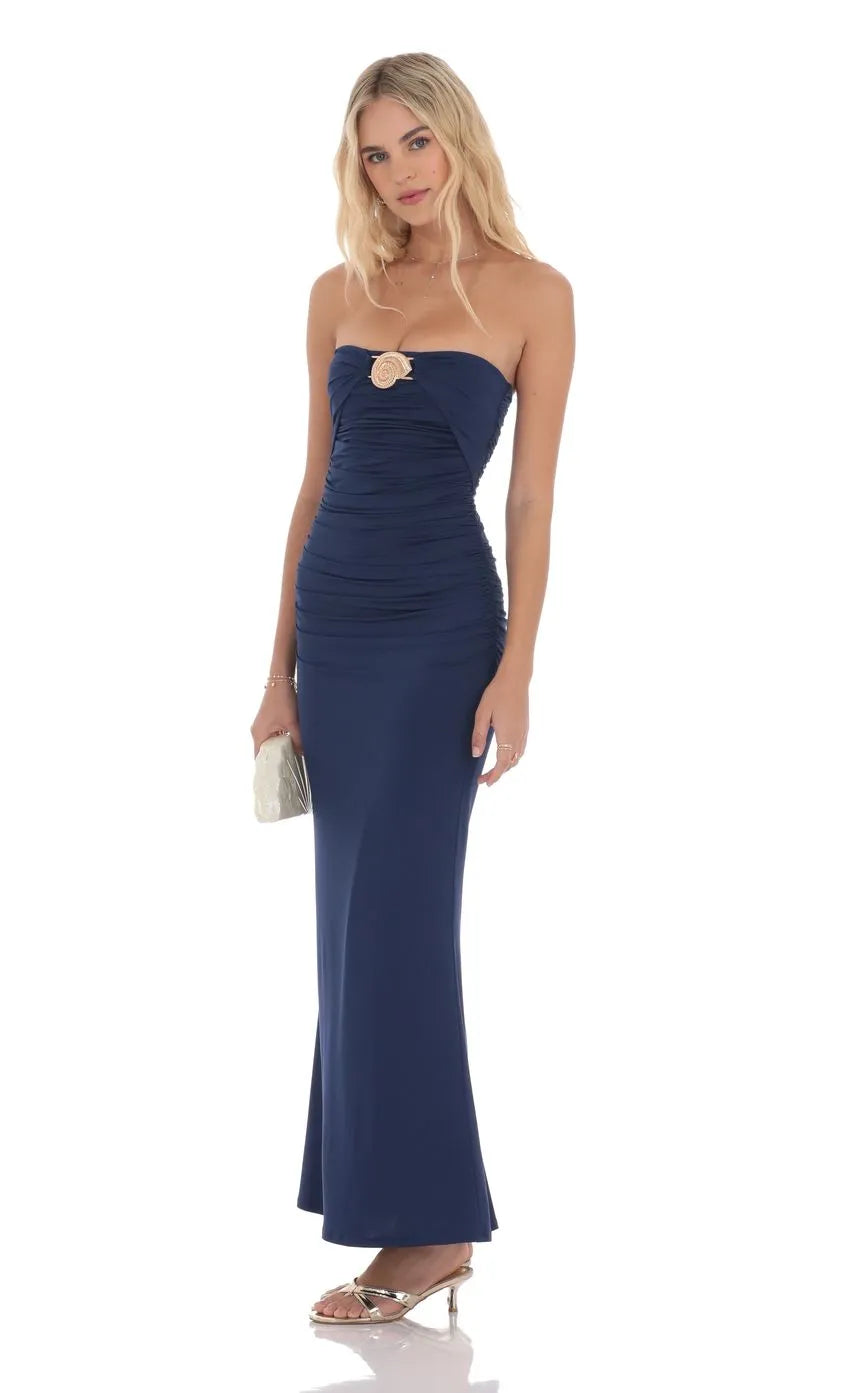 Navy Blue Strapless Prom Dress with Gold Ornament Ruched Bodice Floor Length Silhouette for Formal Evening Events